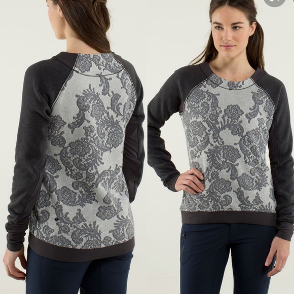 Lululemon Athletica Fleet Street Gray and Black Lace Patterned Raglan Sweater. - Picture 1 of 6